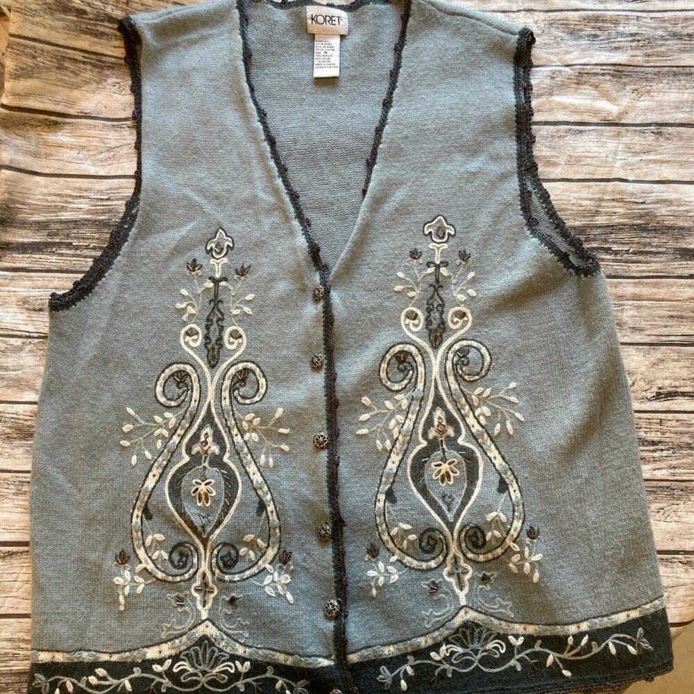 Vintage KORET Blue Beaded Embroidered Button Up Vest